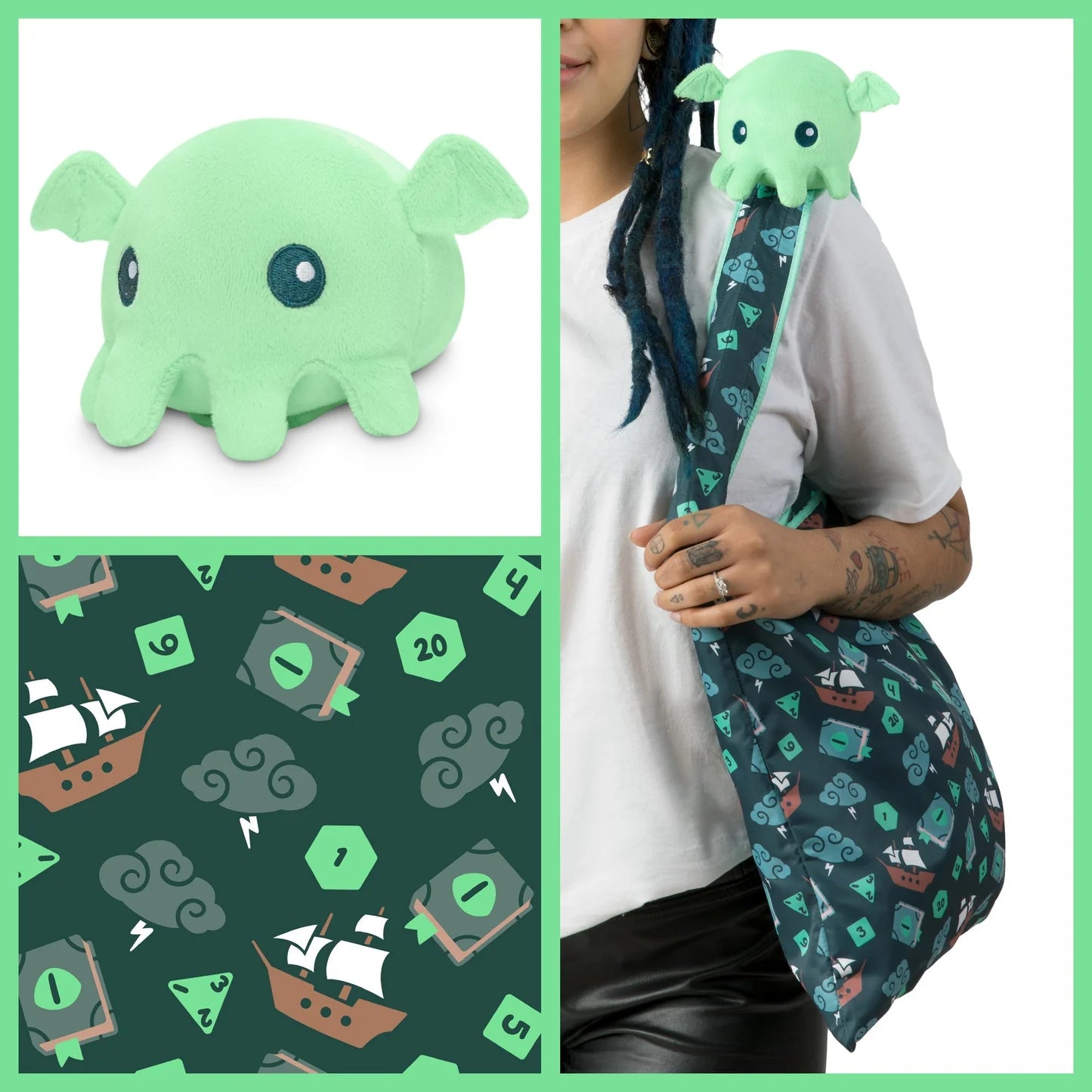 Plushie Tote Bag: Dark Green Tabletop Gaming Tote Bag and Mint Cuthulu Plushie